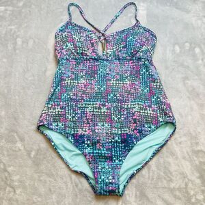 Leilani One Piece Swimsuit Womens 16‎ Pink Blue Abstract Keyhole Adjustable